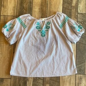 Coverstitched Embroidered Women's Top - Gray with Teal Accents